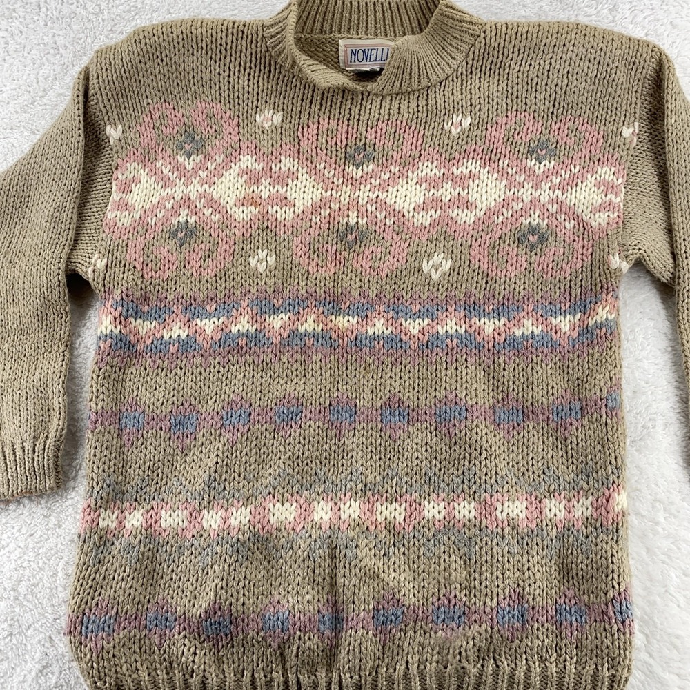 Vintage Novelli Sweater XS Fair Isle Heart Knit Shoulder Pads 90s Acrylic
